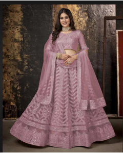 Women's Pink Embroidered Net Lehenga Choli with Dupatta